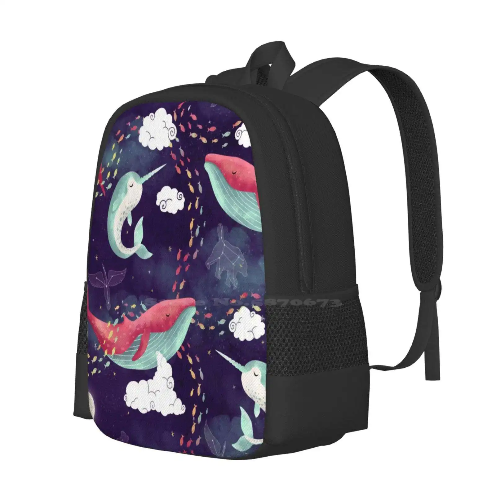 Dream Whales Hot Sale Schoolbag Backpack Fashion Bags Whales Dream Fish Narwhal Constellation Stars Space Night Galaxy Clouds