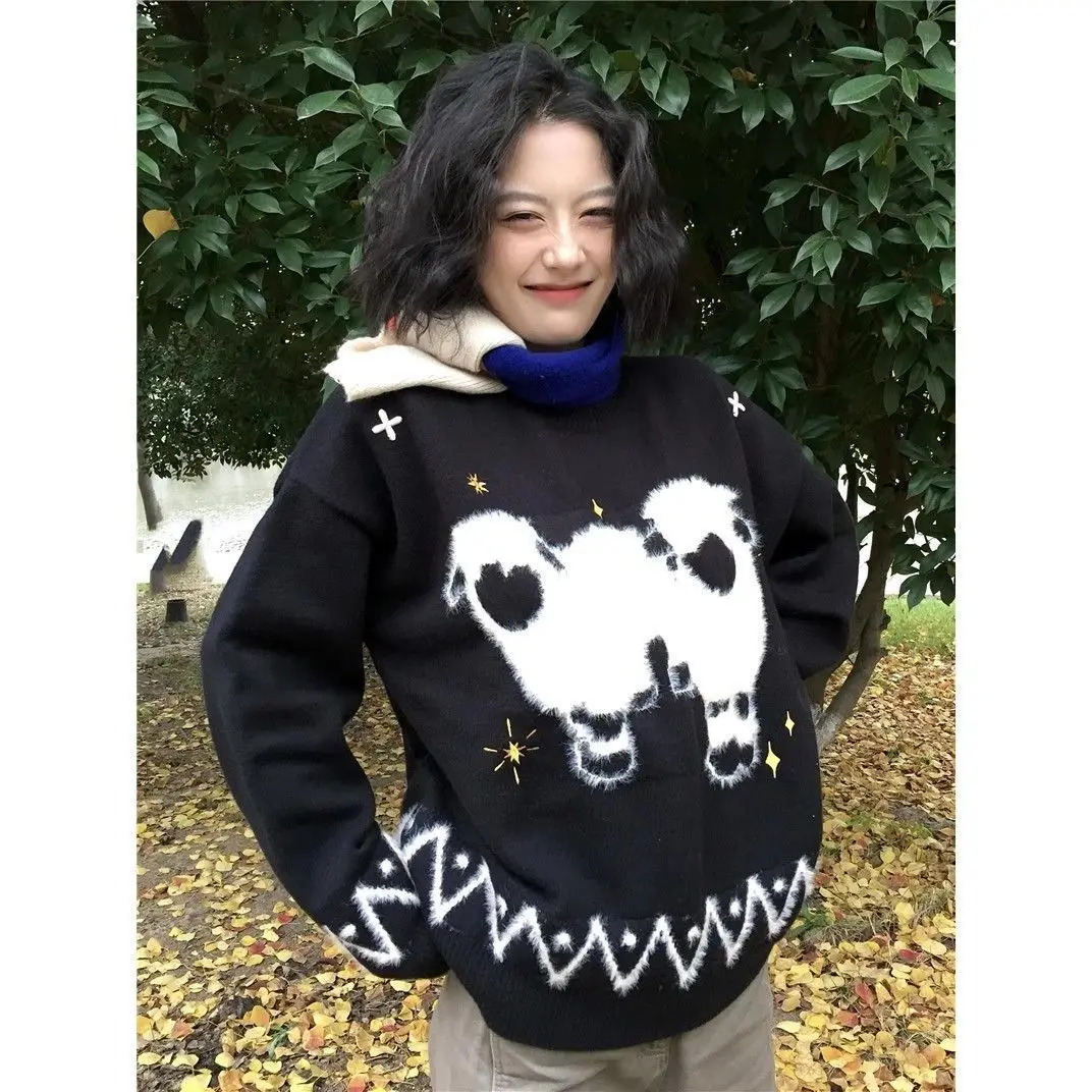 

Korejpaa Winter Pullover Sweater Women America Retro Lamb Jacquard Sweater Knitwear Casual Round Neck Long Sleeve Top Pull Femme