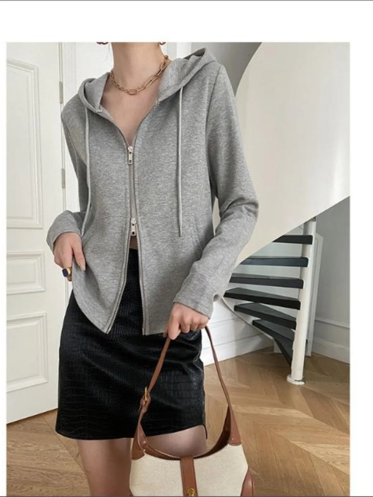 

Slimming Double Zipper Hooded Sweatirt Women's Street Sle Knitted Long Sve Warmth Heating Bodycon Faion Spring Autum...