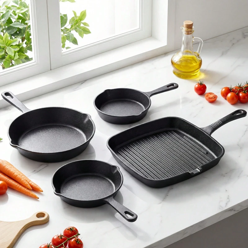 4 Piece Cast Iron Frying Pan Set Non Stick Skillets Oven Safe for Camping Picnic Holiday