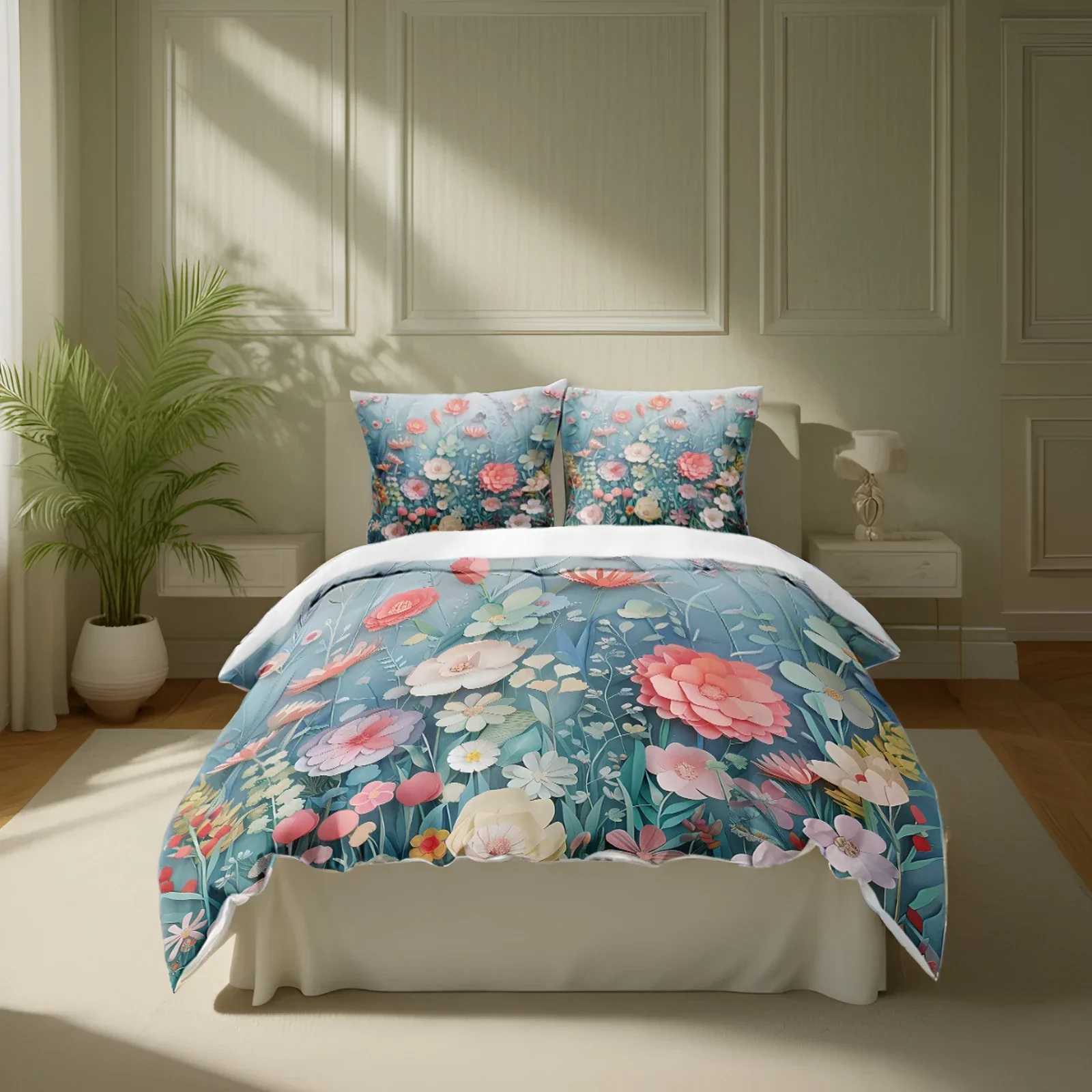

Fresh 3D three-dimensional floral printed bedspread set in multiple size including a bedspread and two pillowcases