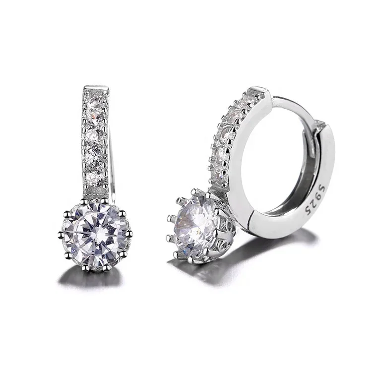 Fashion Solid 925 Sterling Silver White Paved Crystal Hoop Earrings For Women Jewelry