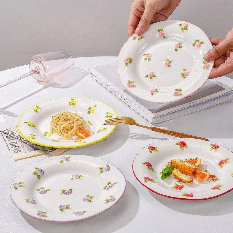 Plato de Cerámica con Relieve Floral Pintado a Mano, Plato Retro de Fresas para Cena, Plato para Ensalada, Postre, Curry, Pasta, Vajilla