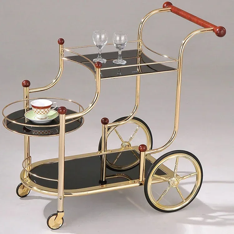 Bar Cart Furniture 2 Tier Gold Metal Kitchen Serving Bar Trolley Cart For Dining Room