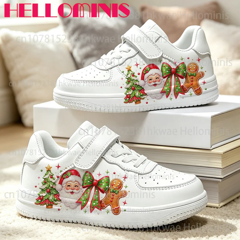 Cute Kids Christmas Gingerbread Figure & Xmas Element Print Magic Strap White Casual comfortable Sneakers Christmas gift