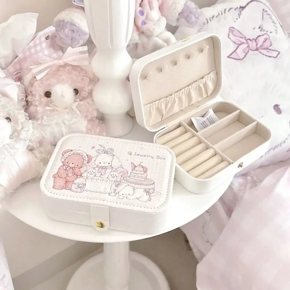 Cartoon Rabbit Cat Jewelry Storage Box Velvet Lining With Dividers Organizer Box PU Leather Necklace Storage Bag