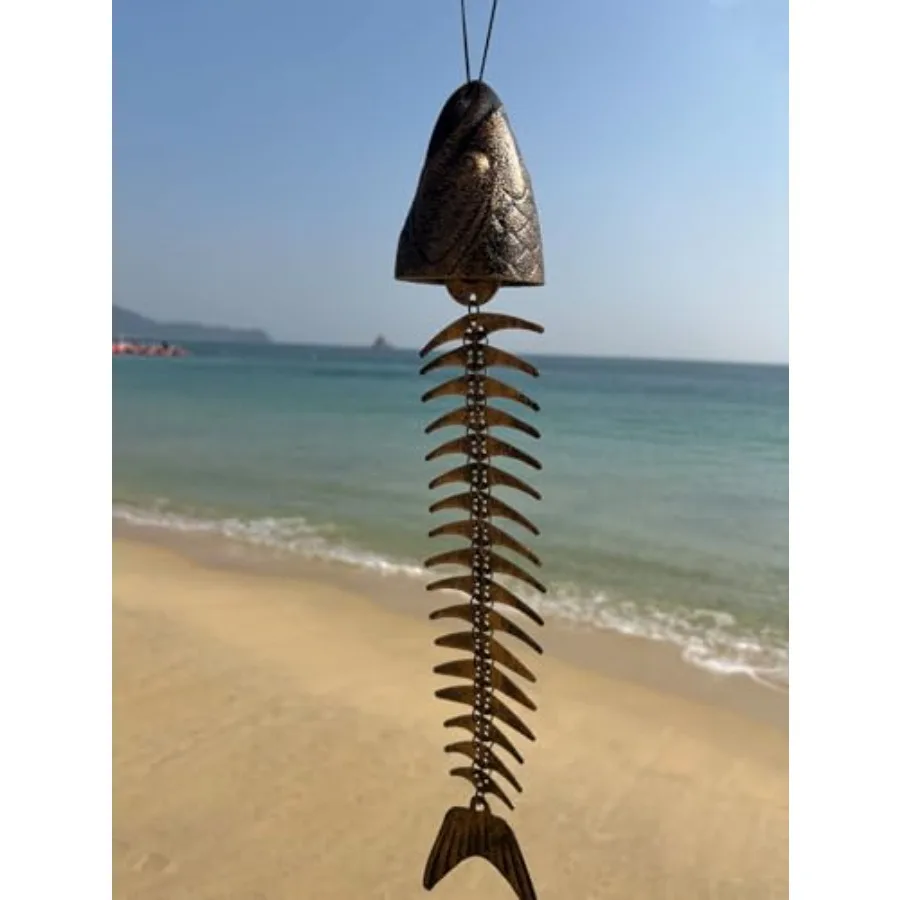 Fish Wind Chime, Vintage Metal Fish Skeleton Wind Chime, 15.7in Brass, with S Hook for Easy Hanging, Fish Skeleton Wind Chime I