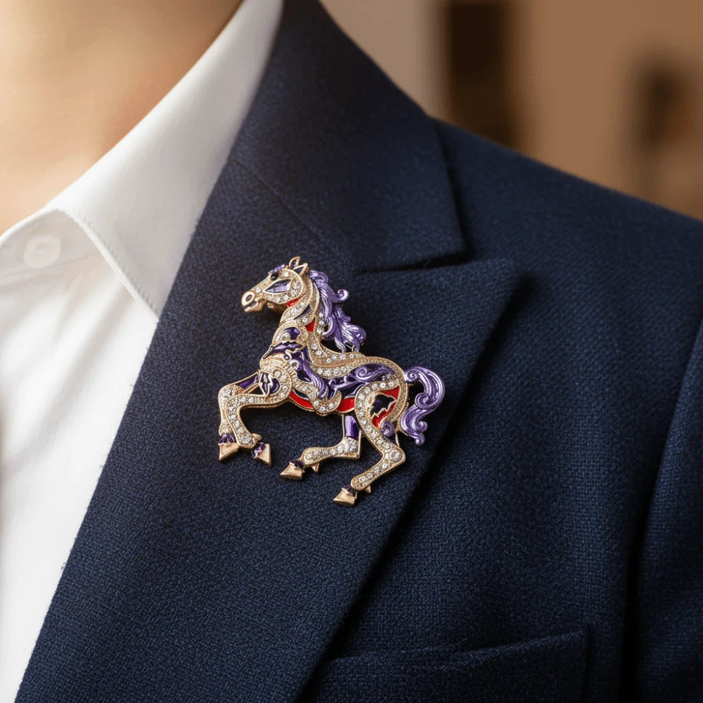 Luxury Enamel Rhinestone Horse Brooch Chinese Style Retro Zodiac Pin Personality Charm Classic Animal Lapel Pins