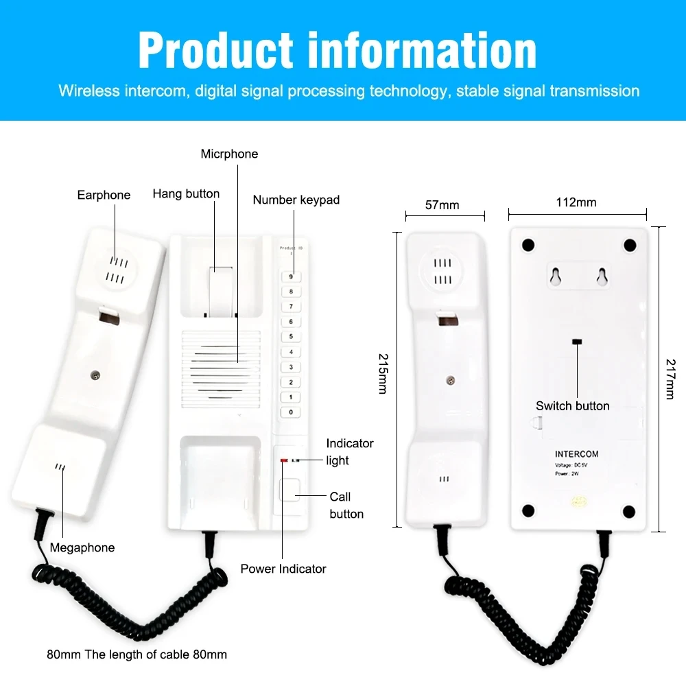 2 Wires Apartment Walkie Talkie Wireless Intercom System For Home Door Phone Office