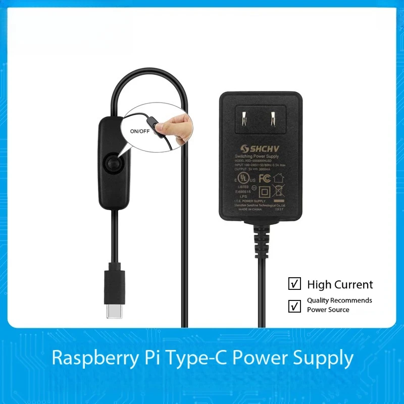 Raspberry Pi 4B Power Supply Type-C 5V 3A Adapter with Switch Button