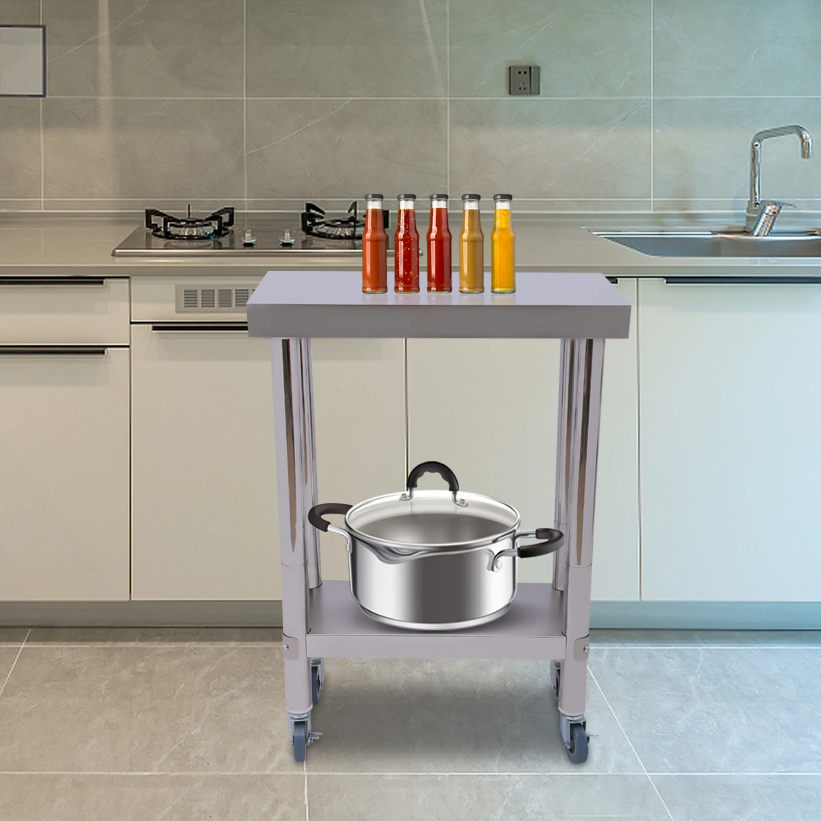 Mesa de trabalho de aço inoxidável, 2 camadas, mesa de preparação de alimentos de cozinha, carrinho de cozinha de aço inoxidável com rodas, carrinho estável prata