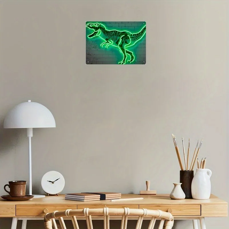Duurzaam T-Rex neonbord - waterdichte ijzeren kunst, 8x12 inch, groen dinosaurusskeletontwerp voor thuis, bars, cafés en kantoren