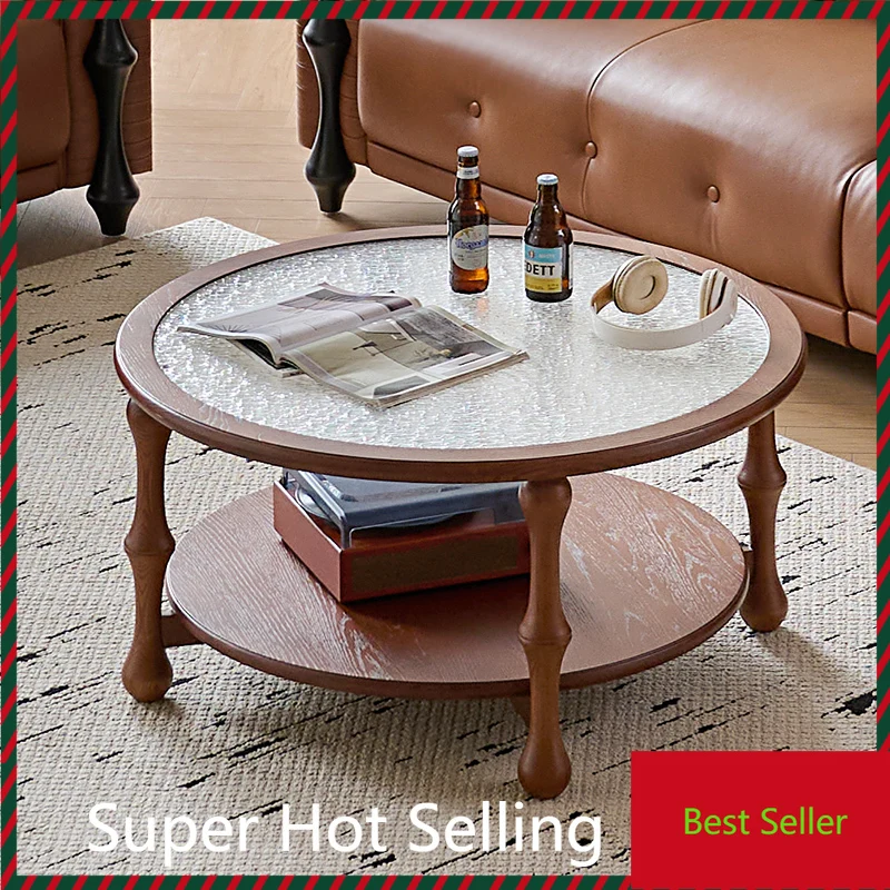 

Moon shadow French retro solid wood round glass coffee table living room home antique creative coffee table G1218