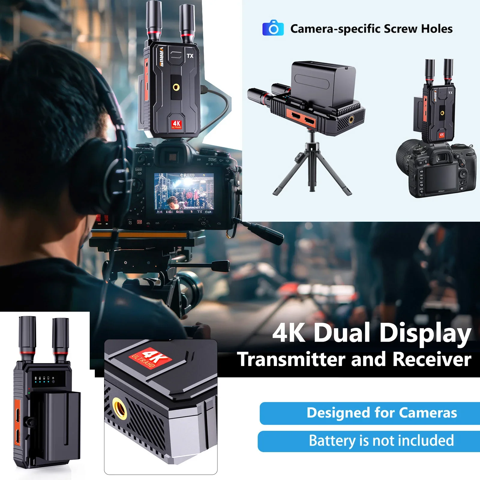 400m 5G 4K Wireless Transmission System Video Transmitter and Receiver HDMI Extender Support Battery /PC/ Camera Live Streaming