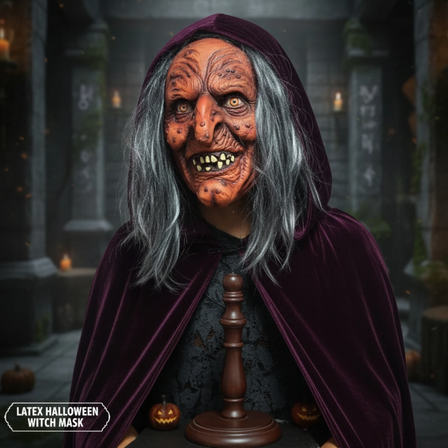 Realistic Creepy Witch Mask Latex Old Lady Hag Headgear Halloween Horror Party Cosplay Costume Prop - view 5