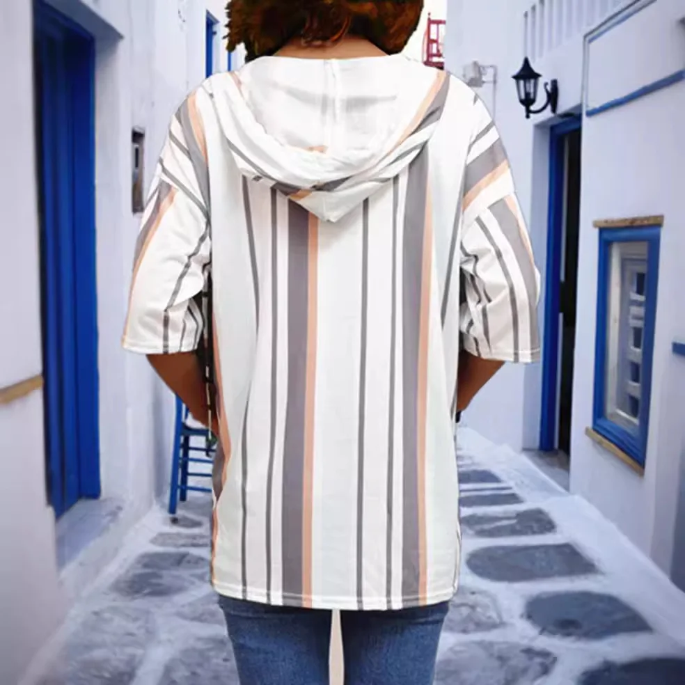 تي شيرت Laid-ba Loose Feeling للنساء ort Sve تي شيرت قاعدة منزلية irt ket بقلنسوة وسلسلة علوية غير رسمية