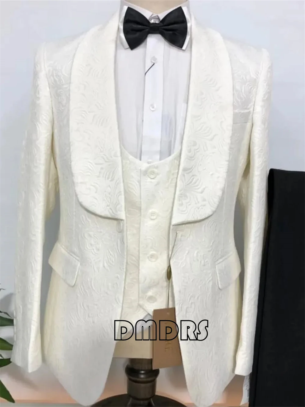 

Jacquard Wedding Suit Groom Best Man Tuxedo Set, XXS-7XL Men's Plus Size Suits Jacket Vest & Black Pants Party Dresswear