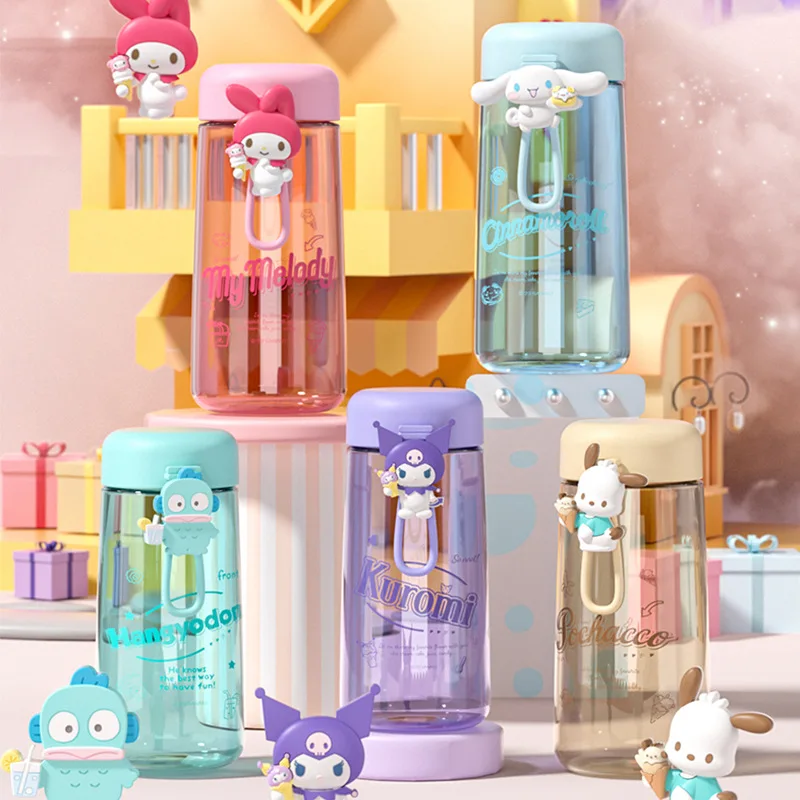 Botella de agua Sanrio Kawaii Kuromi Cinnamoroll, vaso de plástico de paja transparente, Tritan, Pochacco de Anime, regalo para el hogar, 350ML