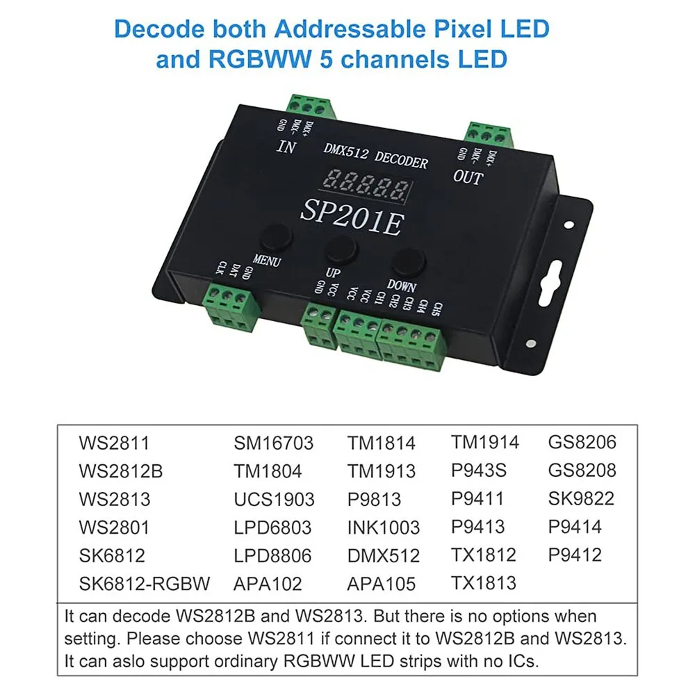 SP201E DMX512 فك DMX محول تحكم تيار مستمر 5-24 فولت DMX512/1990 إلى SPI عنونة LED 1024 بكسل PWM 5CH يعتم إشارة
