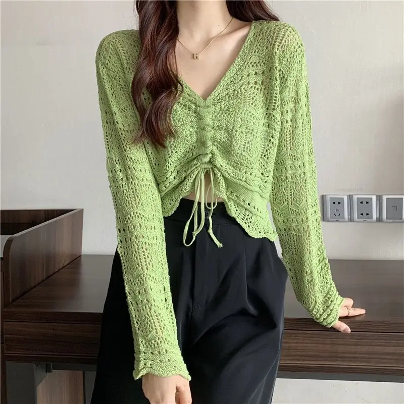 Korean Simple Hollow Out Drawstring Knit Sweaters Women Spring Summer Solid V-Neck Lace Up Sweet and Spicy Sexy Design Short Top