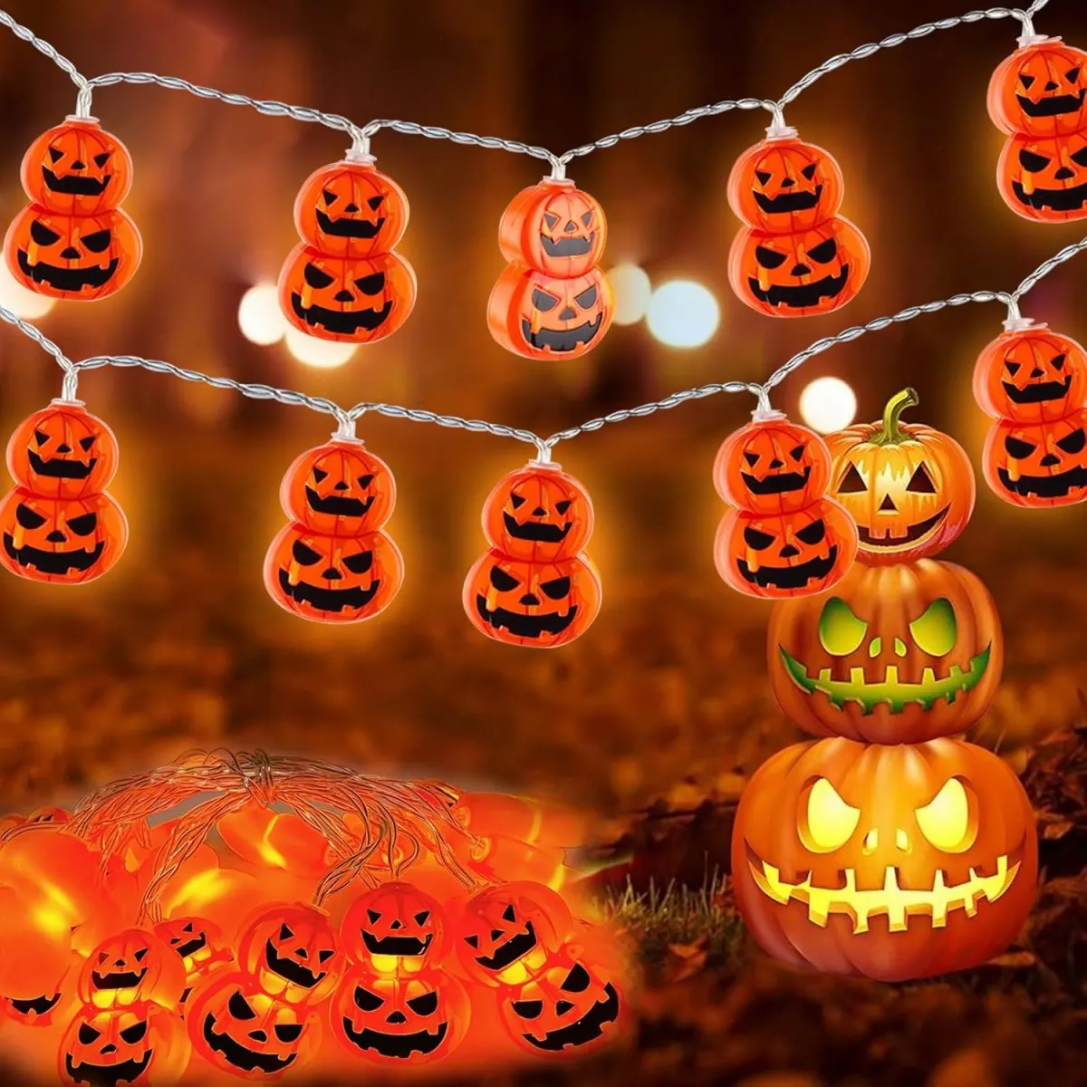 Pop 1pc 10/20 LED Halloween Double Pumpkin String Light 2 Layer Pumpkin Fairy Lamp Battery Powered For Home Holiday Halloween De