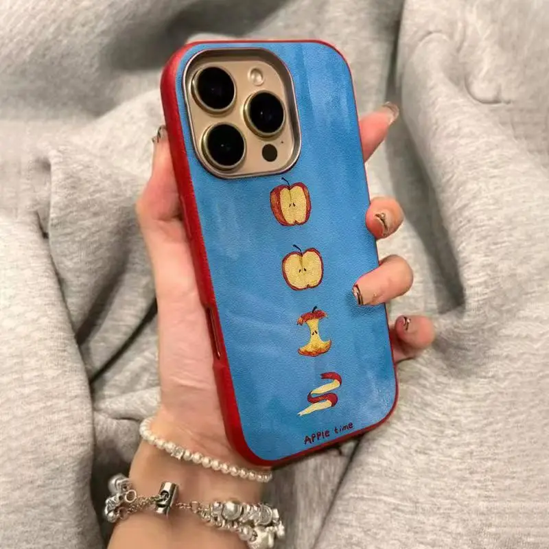 Funda de Teléfono Estilo Coreano con Patrón de Cuero Rojo Frutal, Suave, para iPhone 17 16 15 14 13 12 11 Pro Max, Anti-Caídas