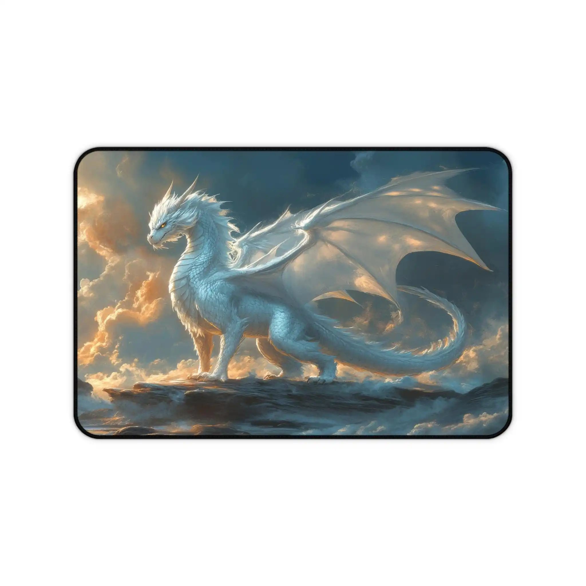 Majestic White Dragons on Rocks,Clouds Floating in The Sky,Magical Dragon-shaped Table Pads,Medieval Office Decoration Mouse Pad