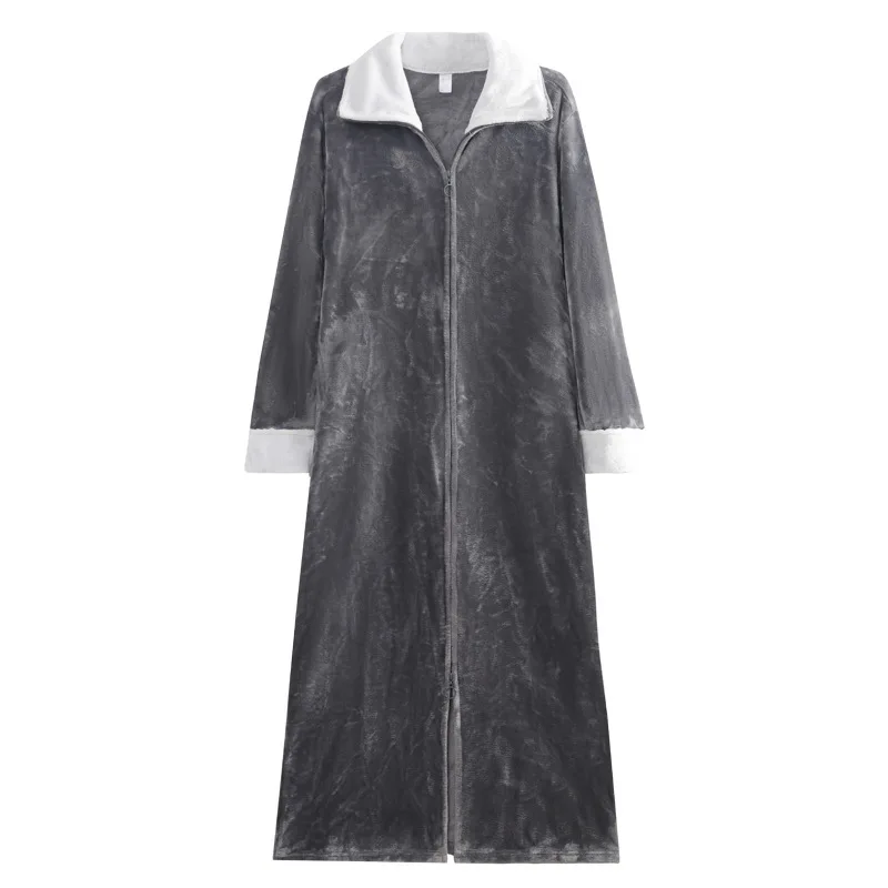 Autumn Winter Flannel Zipper Robes for Women Couples Night Dress Fashion Warm Big Lapels Kimono Lengthen Thicken Dressing Gown