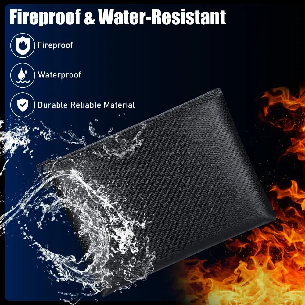 Heat Insulated Fireproof Document Bags Large Capacity Black Waterproof Money Pouches with Zipper Durable