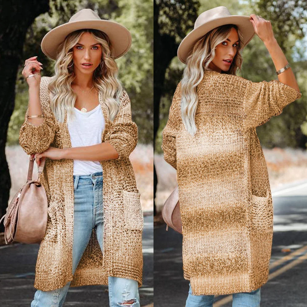 Autumn and winter Europe and the United States women's fashion knitted cardigan loose large yards spell color jacket cardigan