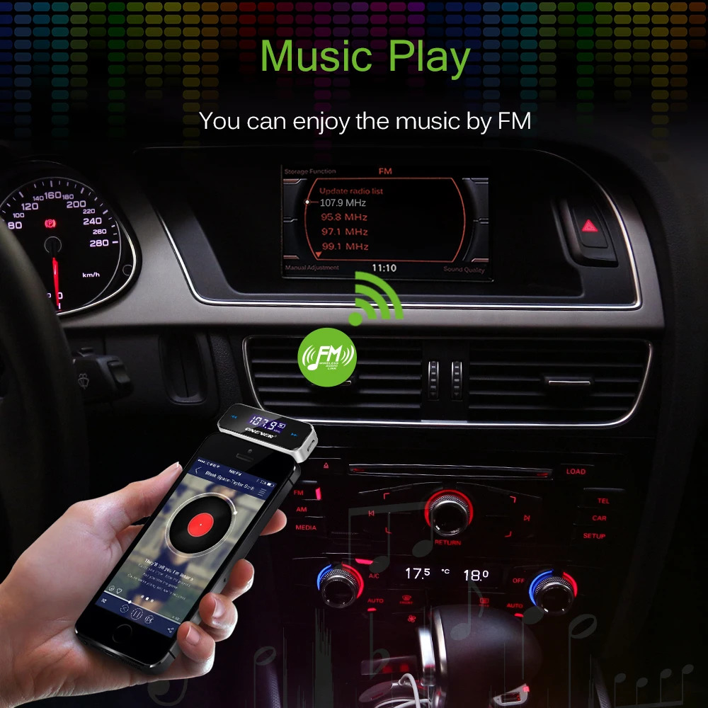 KEBIDUMEI LCD 3.5mm Music Audio FM Transmitter Mini Wireless In-car Transmitter car mp3 Transmitter For iPhone for Samsung iPad