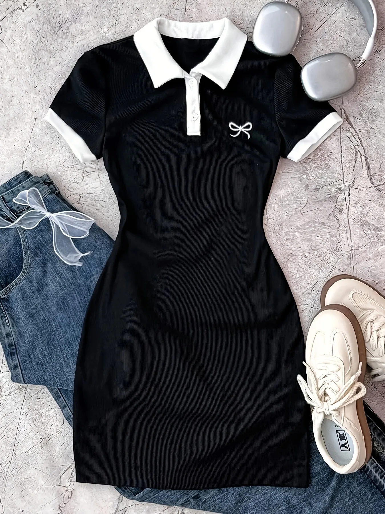 Stretchy Kids Girls Single Piece Polo Dress, Color Block Collar Short Sleeve Bow Pattern Fitted Mini Dress for School Daily Outd