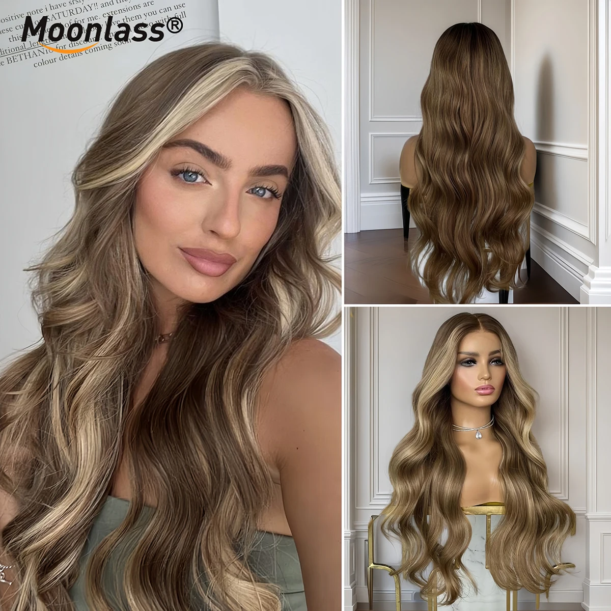 Moonlass ضبابي مذهب براون Balayage اللون بيتشي موجة 100% عذراء شعر مستعار 260 الكثافة قطعة المال تسليط الضوء على 13x6 ترقية الدانتيل