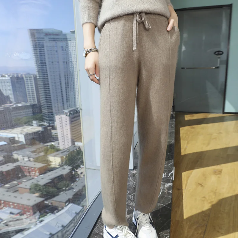 Autumn and Winter New Cashmere Small Foot Pants Ladies High Waisted Solid Color Casual Seam Pants Loose Outdoor Knitted Pants