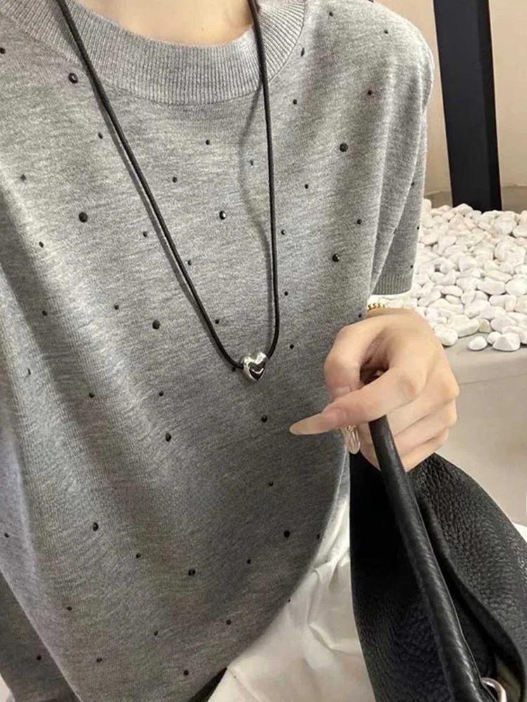 Fashionable Heavy-Embroidered Diamond Ice Silk Knitted Top Summer Casual Loose Slimming Base Shirt Elegant Short Sleeve T-Shi...
