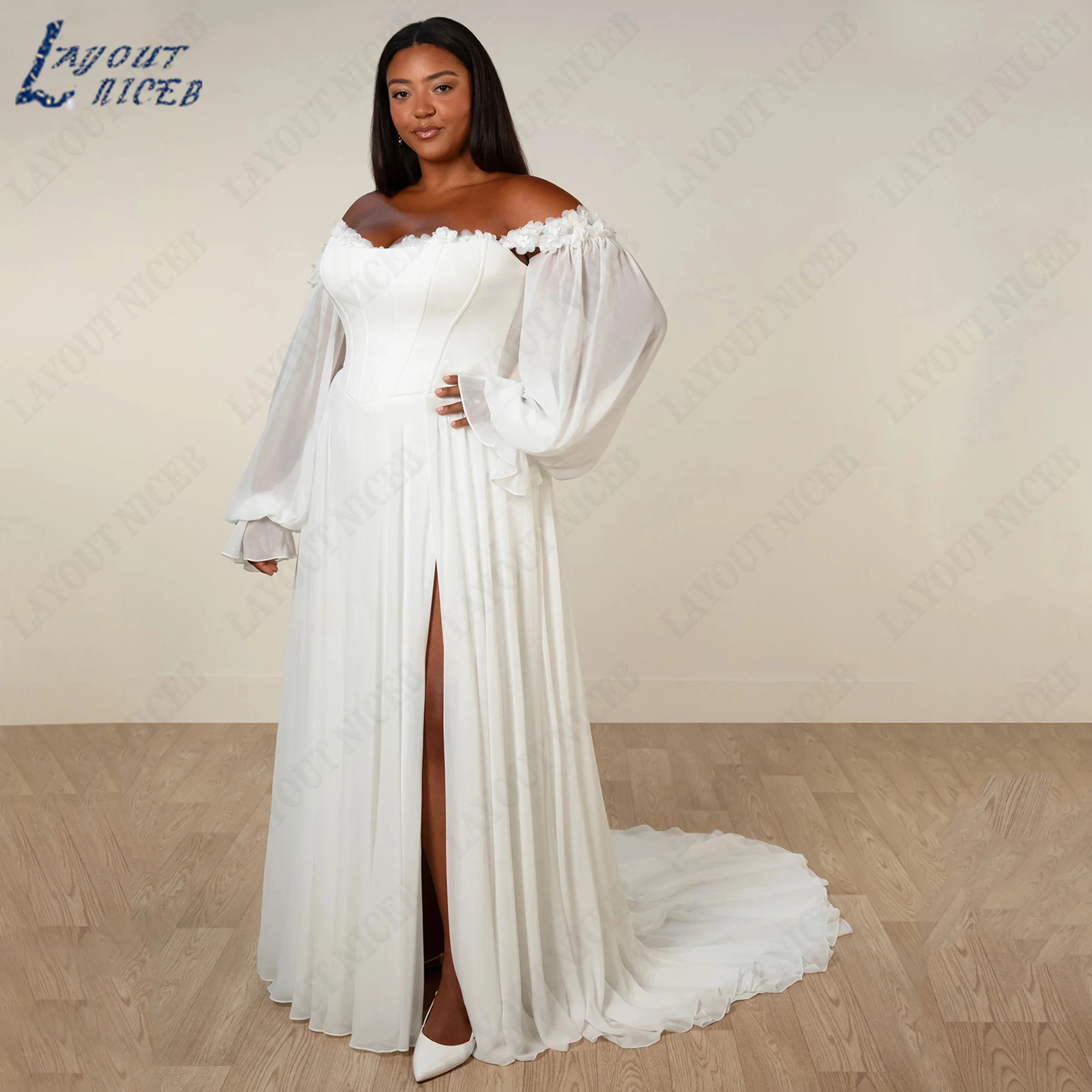 LAYOUT NICEB Customized Chiffon A‑Line Wedding Dress Long Puff Sleeve Bridal Gown Sweetheart Plus Size Bride Dresses With Slit