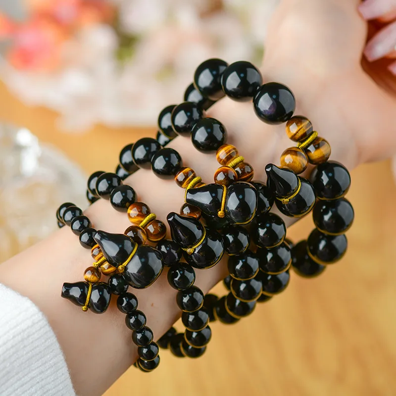 Natural Double Color Eye Obsidian Gourd Buddha Beads Bracelet Scenic Spot Temple Hot Sale Men and Women Coupl