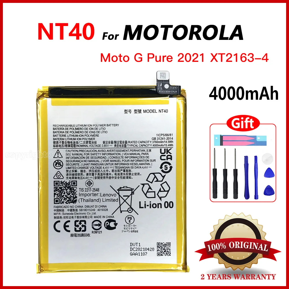 

100% Original NT40 Rechargeable Battery For Motorola MOTO G Pure 2021 XT2163-4 SmartPhone 4000mAh Batteria Batteries+Free tools