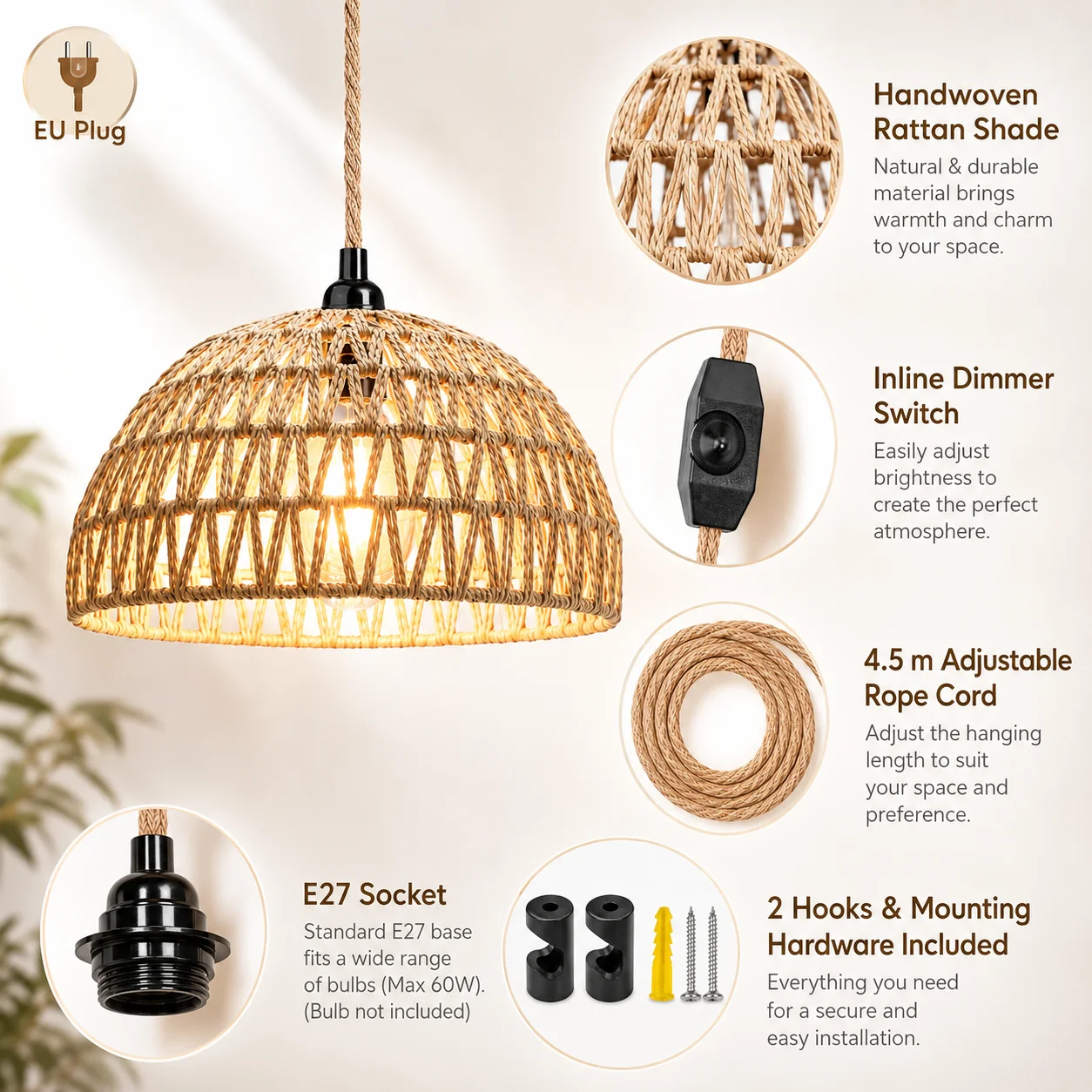 JOYINLED Plug in Pendant Light Rattan Hanging Lamp with 14.78 Ft Hemp Rope Cord Dimmable Switch Woven Boho Plug in Ceiling Light