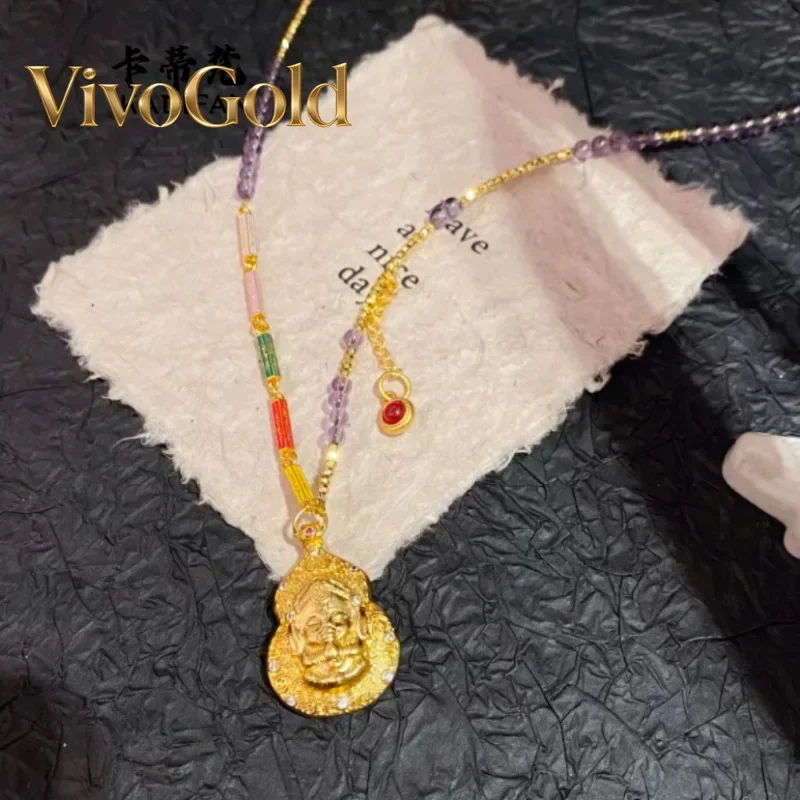 VivoGold VivoGold Light luxury fashion 999 24K real gold elephant god pendant scripture amethyst sweater chain women's long neck