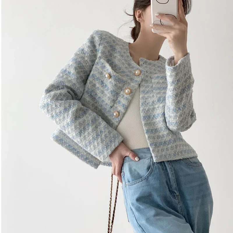 Elegant Pearls Buttons Cropped Jacket Women Korean Fashion Round Neck Tweed Coat Female Pockets Chic Outwear Short Tops Clothes