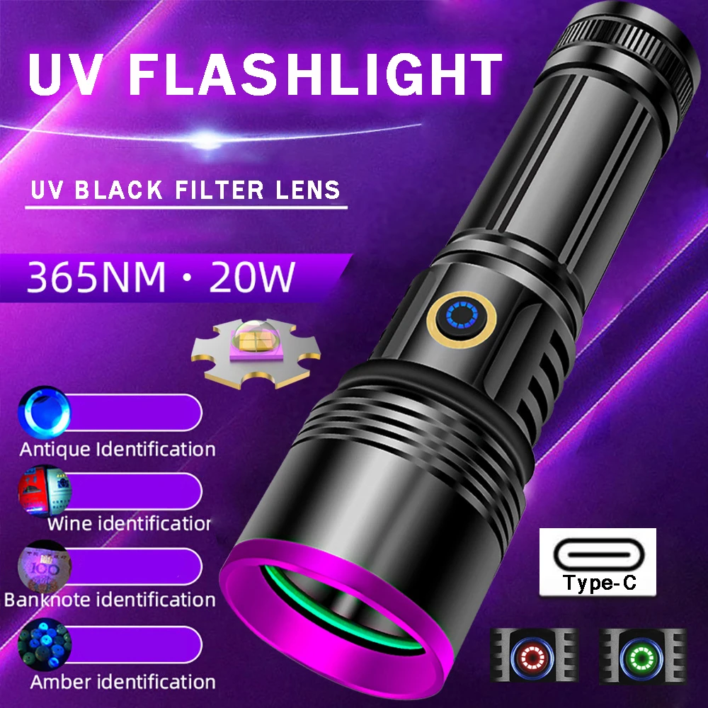 Linterna UV 365nm Blacklight LED Luz ultravioleta 20W Tipo-c Antorcha UV recargable para orina de mascotas Detección de ámbar Curado de resina