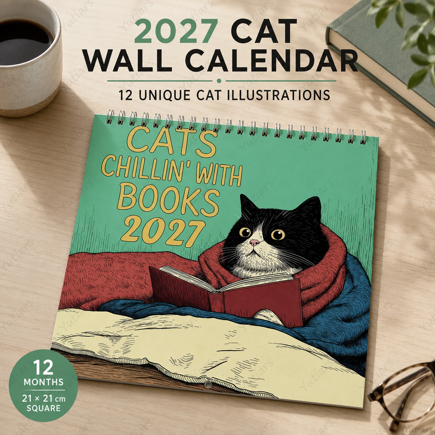 2027 Cat Lover Wall Calendar 21cm Square Monthly Planner 12 Unique Cat Illustrations Spiral Hanging Calendar for Home Office