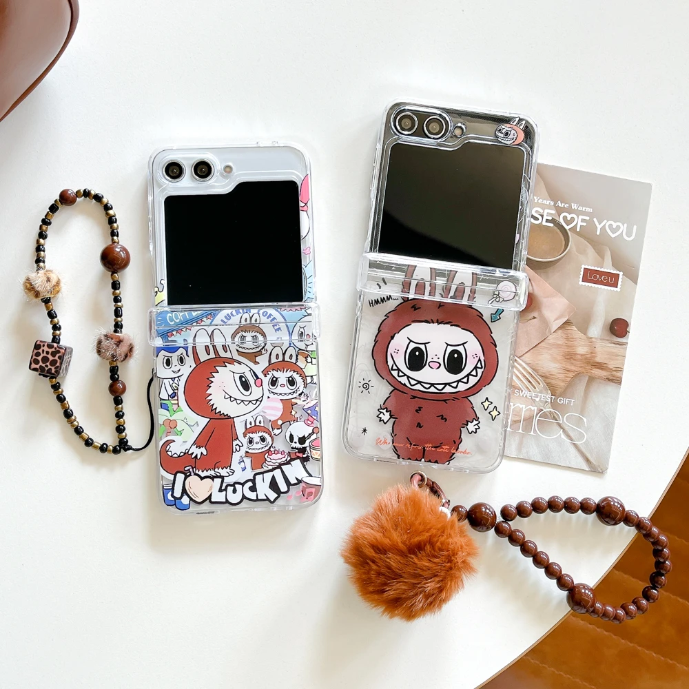 Fashion Clear Cartoon Cute Labubu Rabbit Fold With Bracelet Phone Case For Samsung Z Flip 5 4 3 6 Hard Shockproof Back Cover