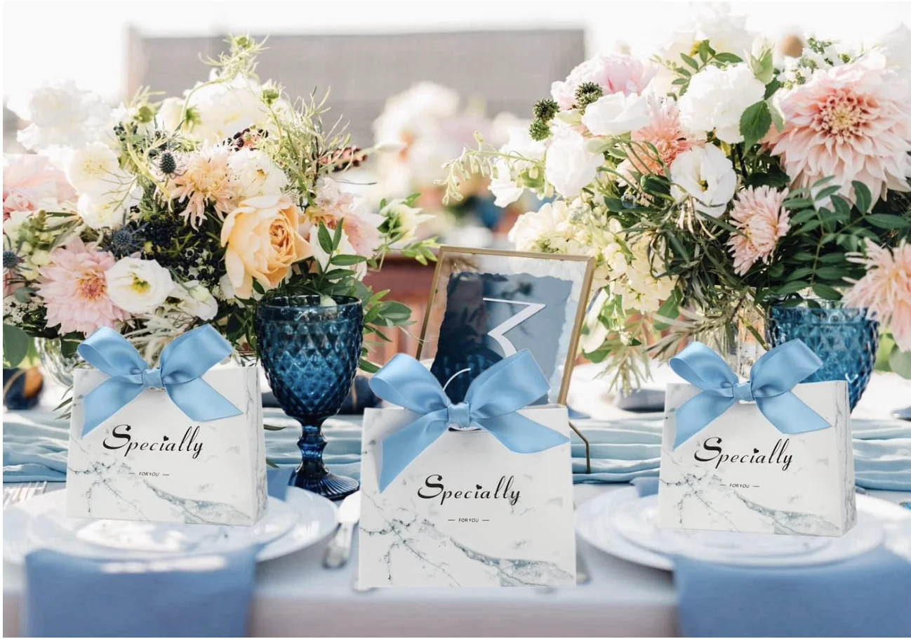 20/50 Pcs Small Party Gift Bags, Marble Mini Thank You Bags with Blue Bow Ribbon, 4.5x1.8x3.Inches, Paper Favor Bags for Wedding