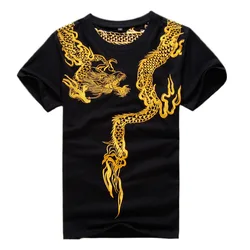 Golden Dragon Embroidery Men Cotton T-Shirt 2024 New Casual Summer Tops Short Sleeve Tee Shirts Black / White