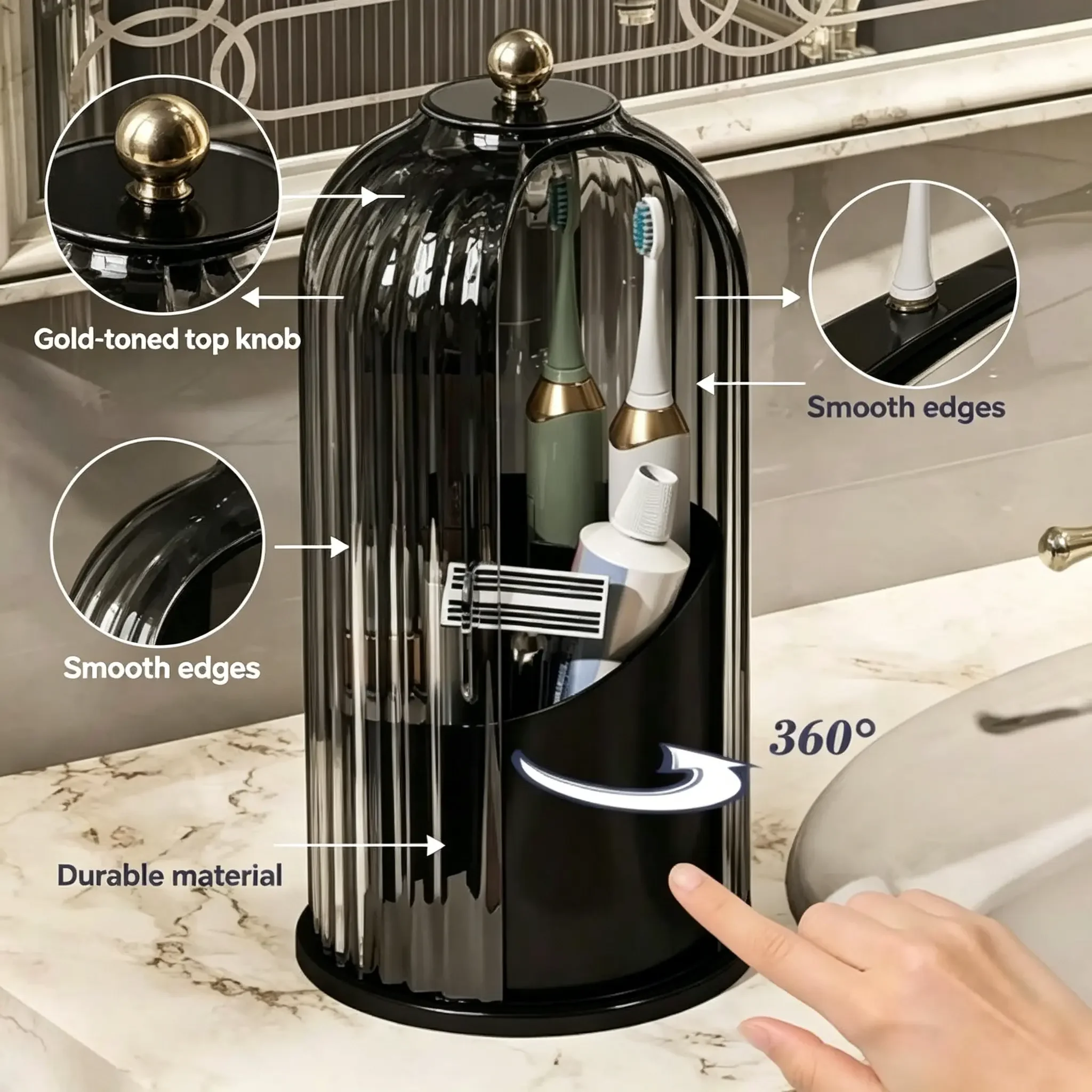 Toothbrush Holder with Sliding Lid, 3‑Slot Dustproof 360° Rotating Countertop Organizer for Electric Toothbrushes, Toothpaste & Makeup Brushes, Modern White Bathroom Vanity Storage, Holiday Gift Option