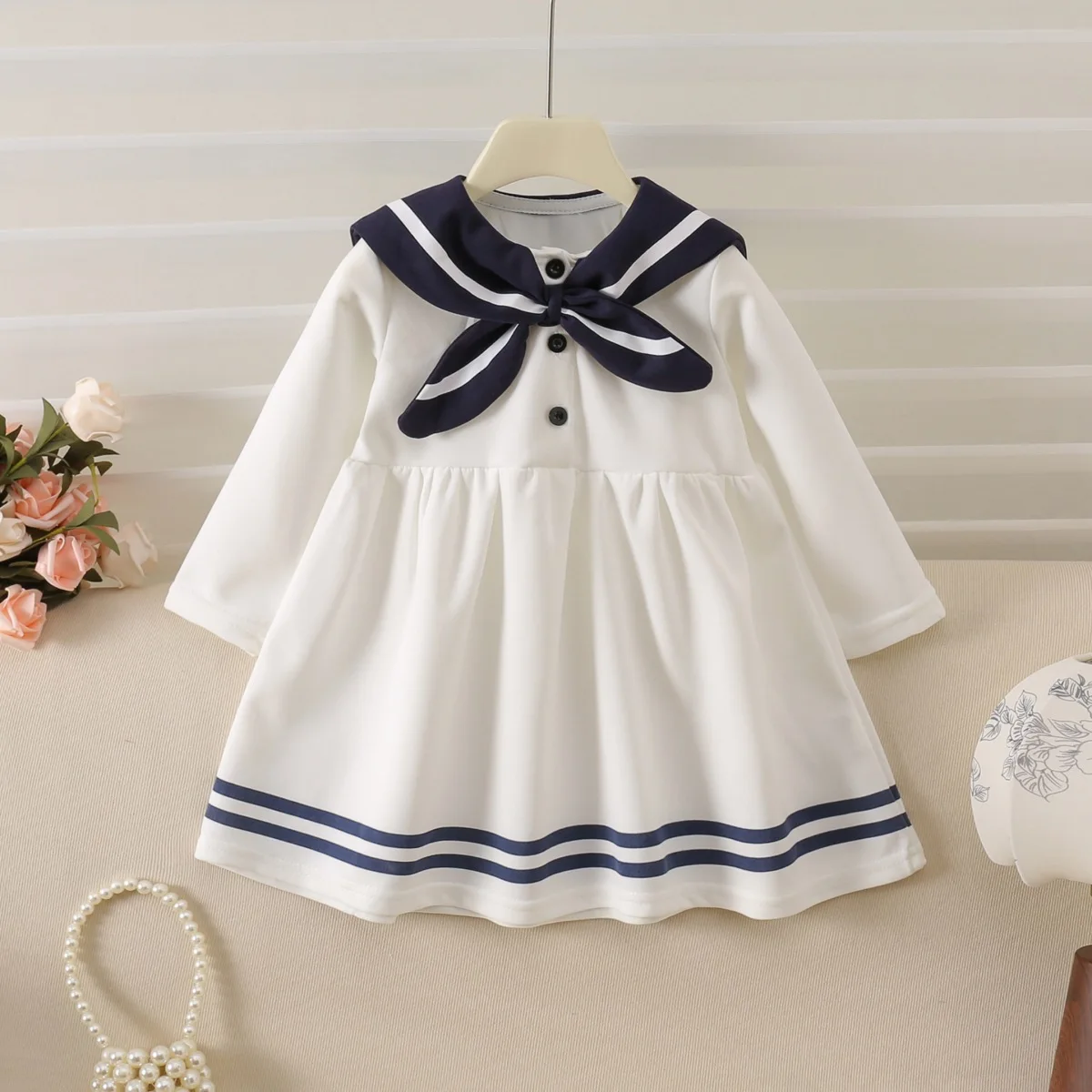 

Girls Dress 2026 Spring Summer New Navy Collar Long Sleeved College Style Casual Daily Western Style Wear
