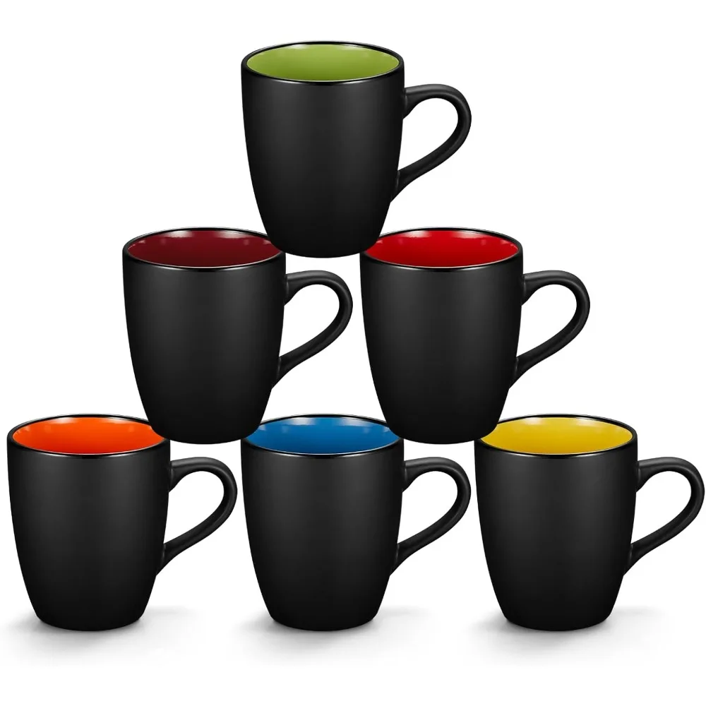 

Matte Black Coffee Mugs – 6-Pack 12 oz Porcelain Cups, Colorful Interior – for Coffee, Tea & Cereal