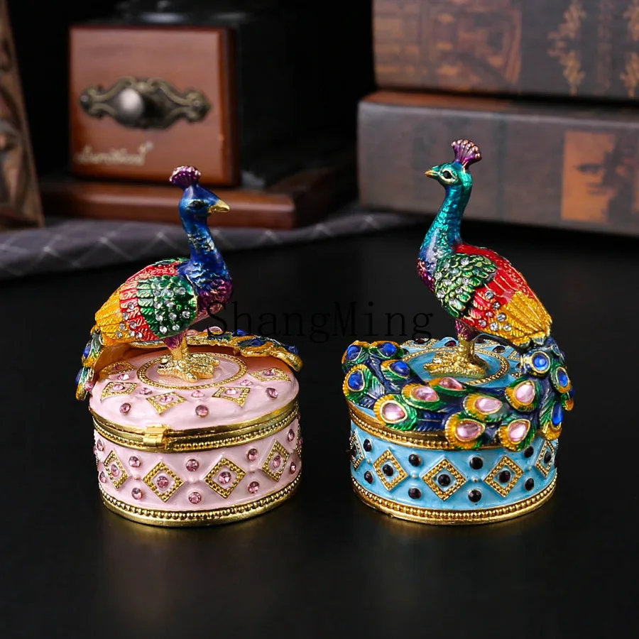 

Шкатулка для украшений CL Peacock Round, эмалированная, цветная, для хранения, откидная, с защитой от пыли, для дома, декоративная